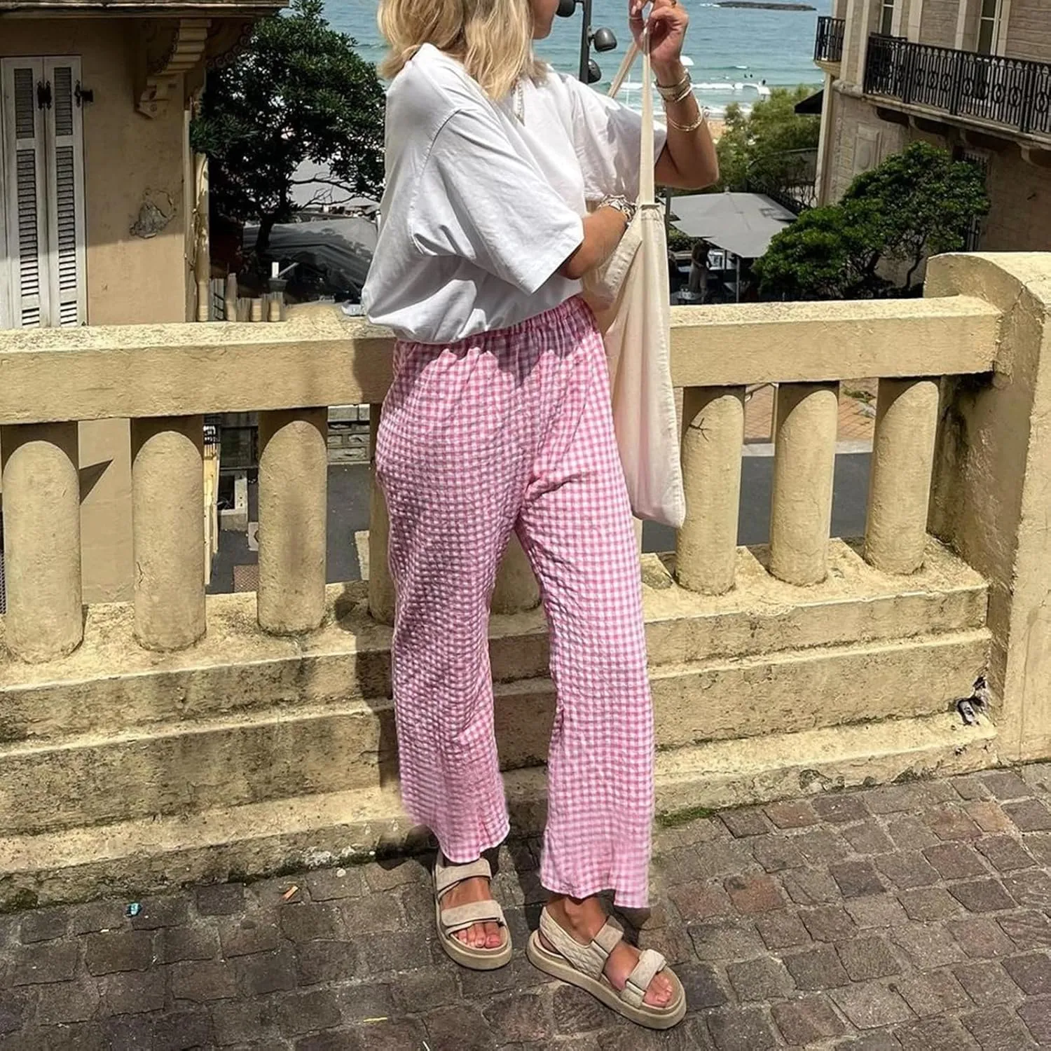Women Y2K Plaid Pants Summer Casual Drawstring High Waist Straight Leg Trousers Gingham Lounge Pants Streetwear
