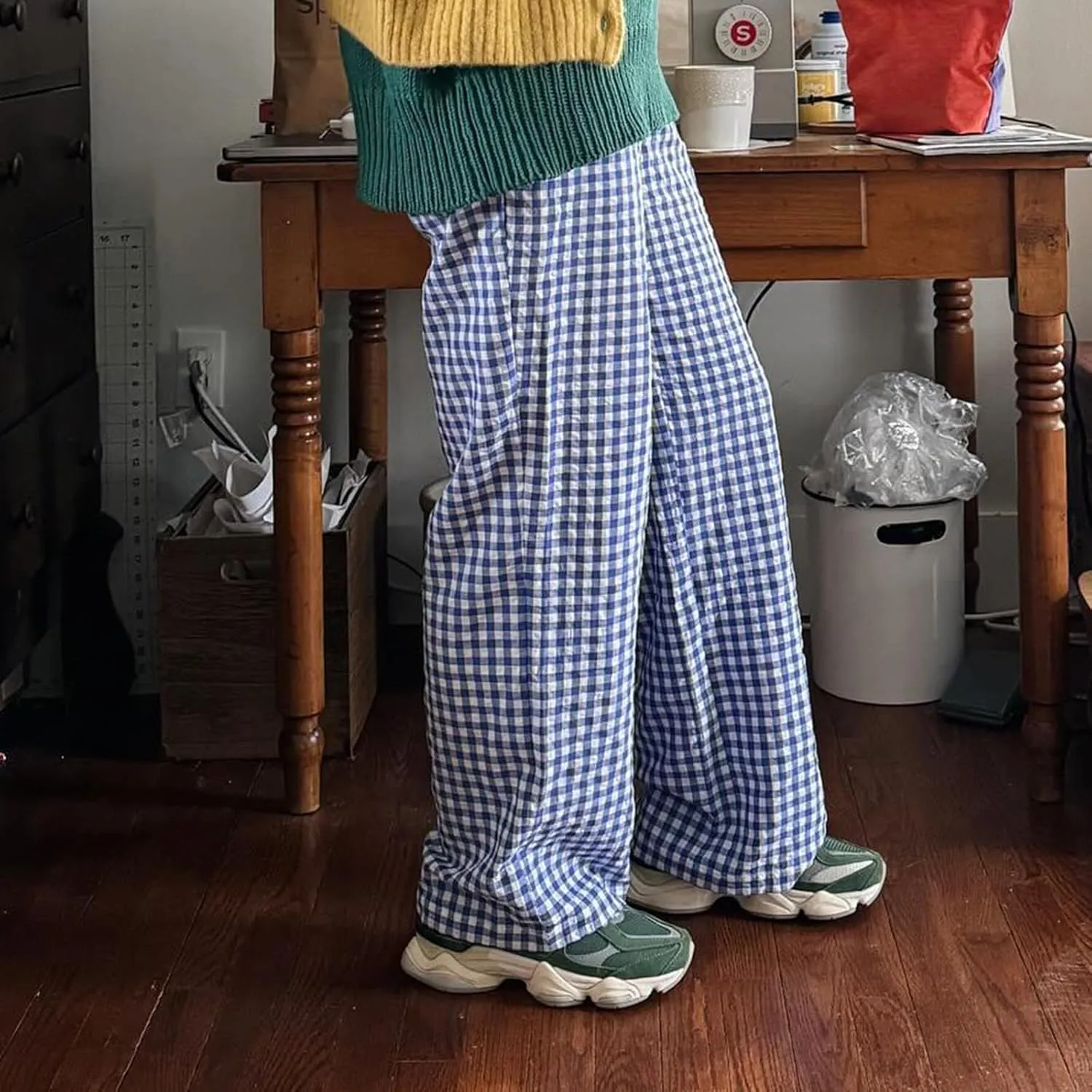 Women Y2K Plaid Pants Summer Casual Drawstring High Waist Straight Leg Trousers Gingham Lounge Pants Streetwear