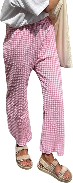 Women Y2K Plaid Pants Summer Casual Drawstring High Waist Straight Leg Trousers Gingham Lounge Pants Streetwear