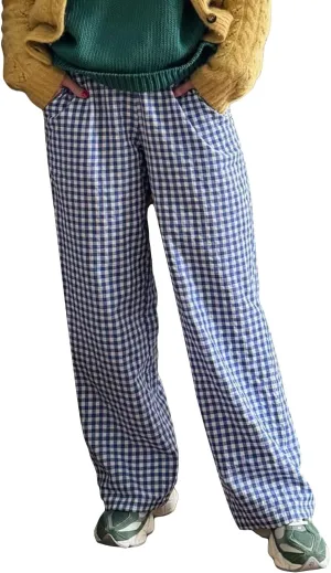 Women Y2K Plaid Pants Summer Casual Drawstring High Waist Straight Leg Trousers Gingham Lounge Pants Streetwear