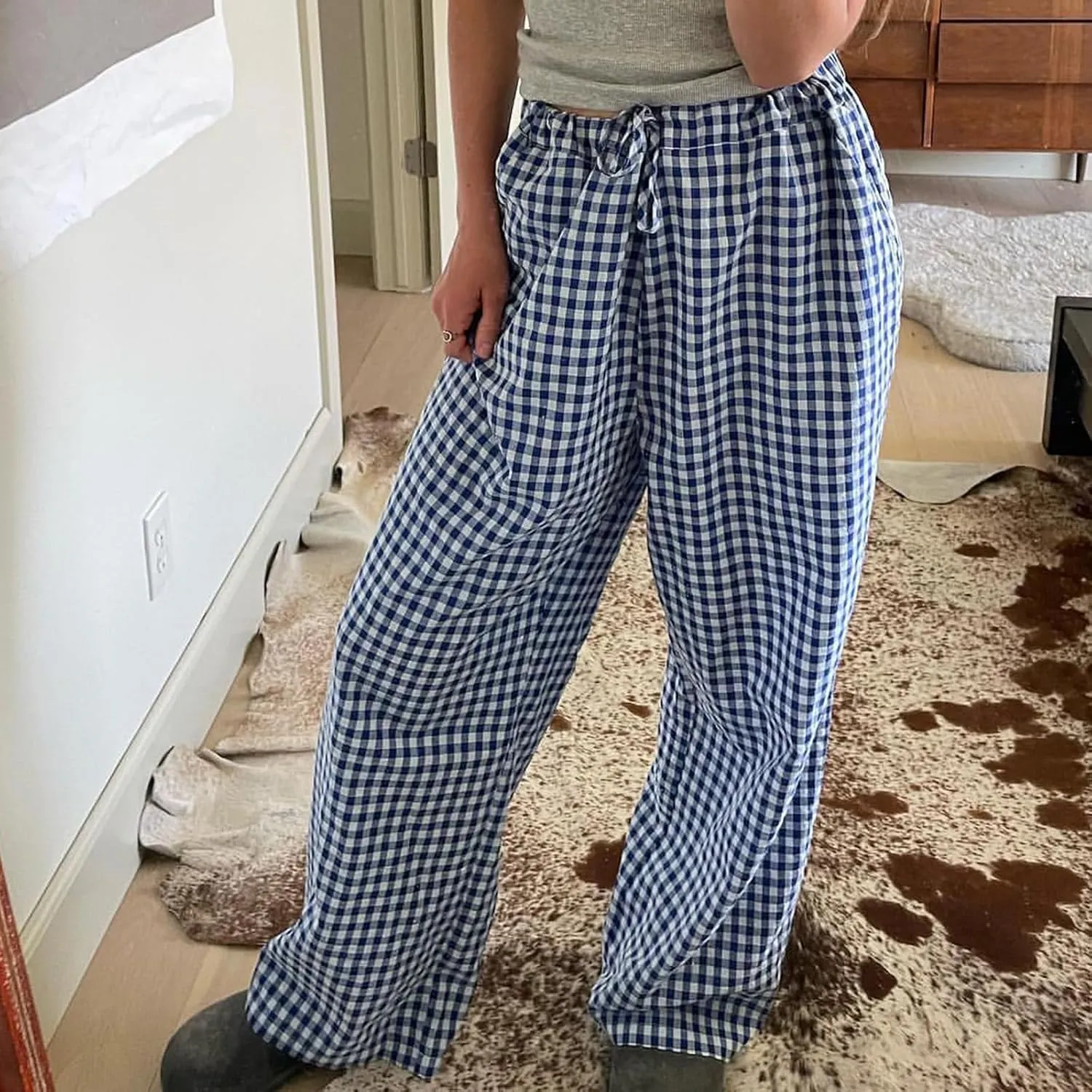 Women Y2K Plaid Pants Summer Casual Drawstring High Waist Straight Leg Trousers Gingham Lounge Pants Streetwear