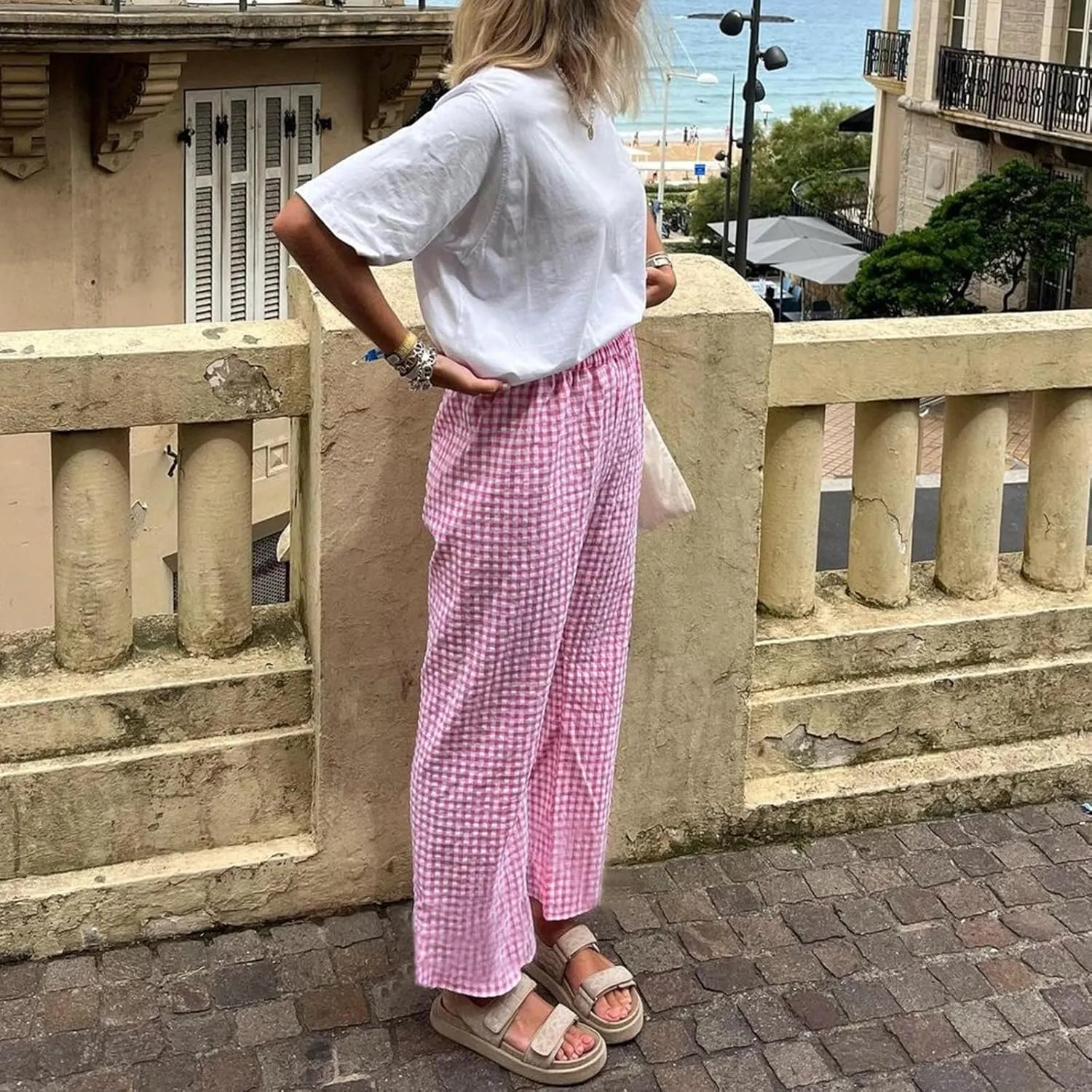 Women Y2K Plaid Pants Summer Casual Drawstring High Waist Straight Leg Trousers Gingham Lounge Pants Streetwear