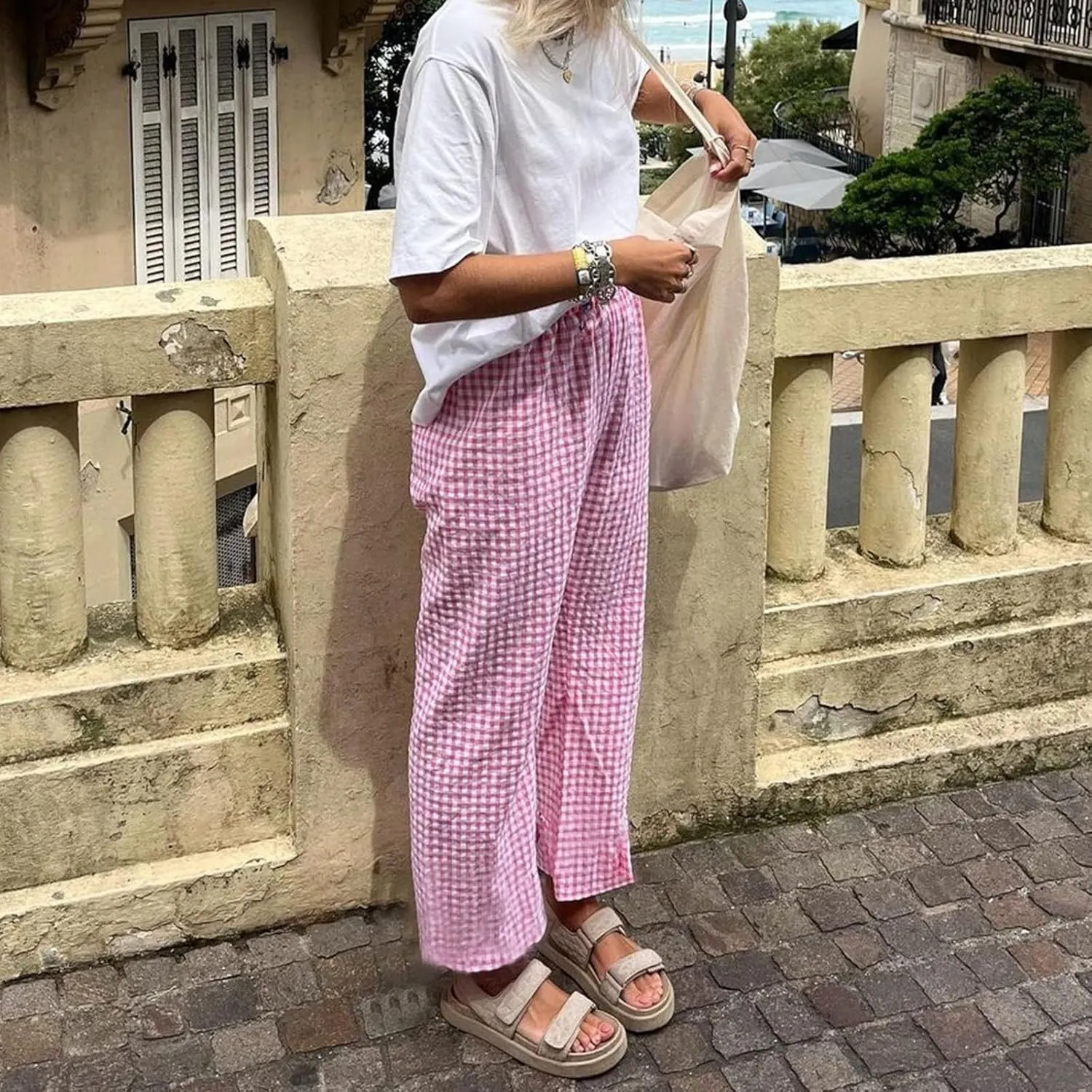 Women Y2K Plaid Pants Summer Casual Drawstring High Waist Straight Leg Trousers Gingham Lounge Pants Streetwear