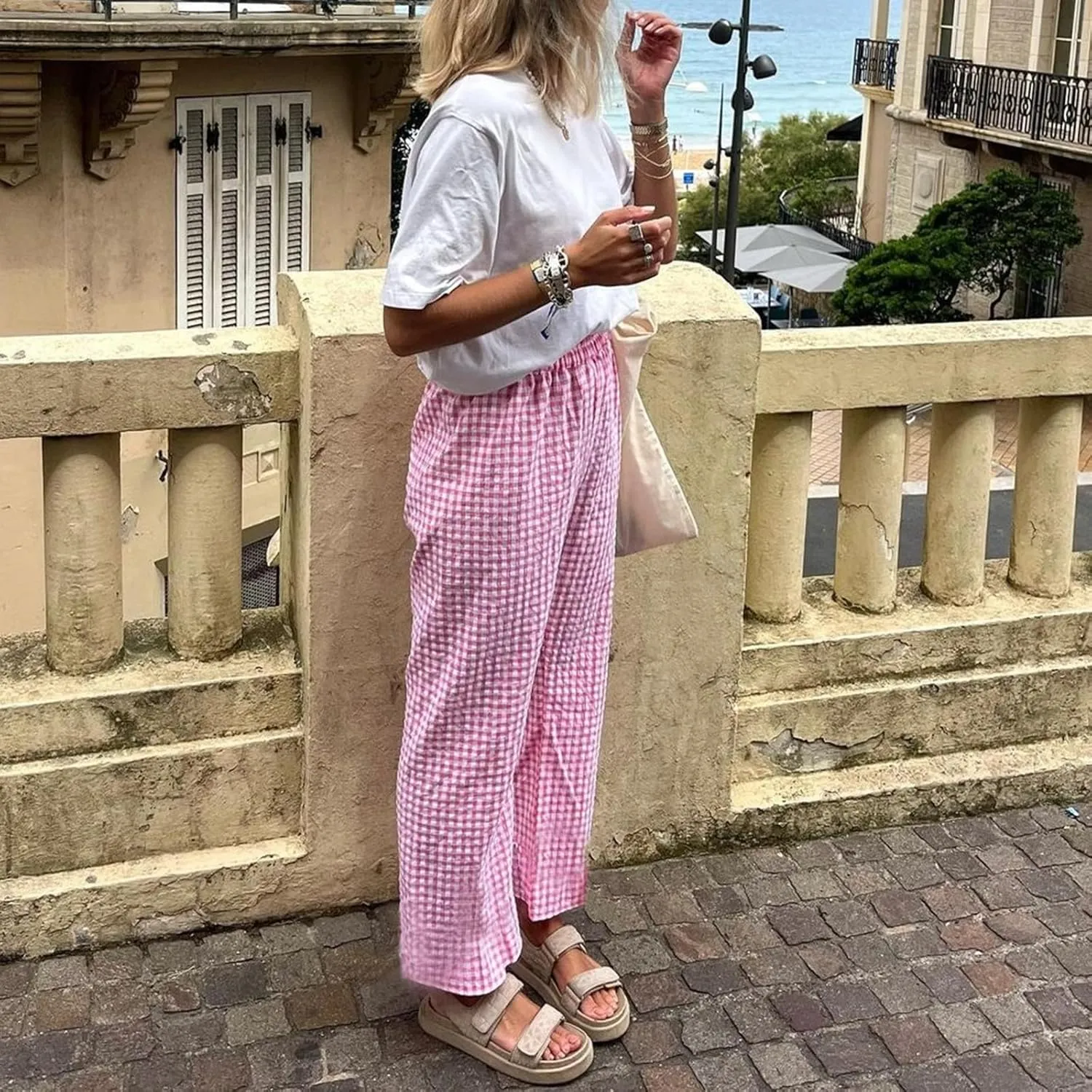 Women Y2K Plaid Pants Summer Casual Drawstring High Waist Straight Leg Trousers Gingham Lounge Pants Streetwear