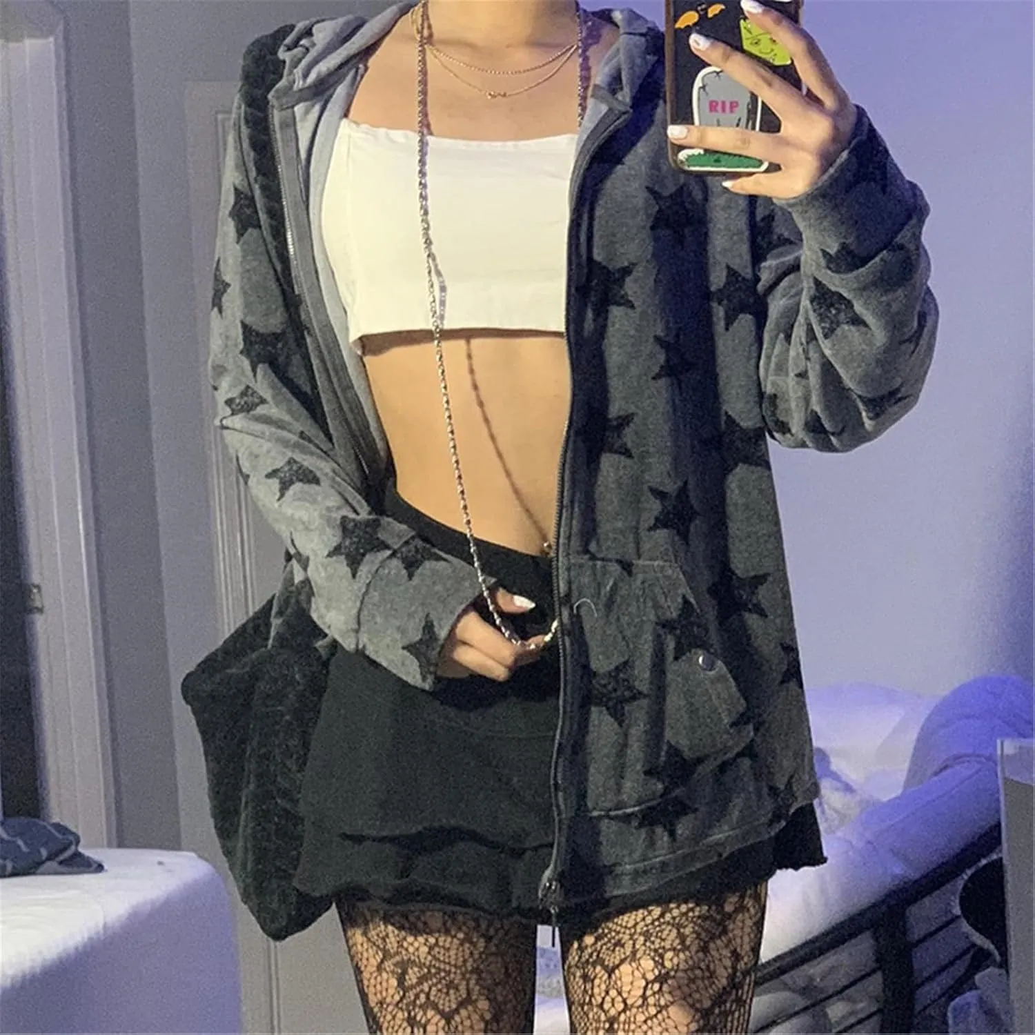 Women Zip Up Hoodie Gothic Graphic Long Sleeve Oversized Hooded Sweatshirt Hip Hop Harajuku Jackets with Pocket