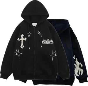 Women Zip Up Hoodie Gothic Graphic Long Sleeve Oversized Hooded Sweatshirt Hip Hop Harajuku Jackets with Pocket