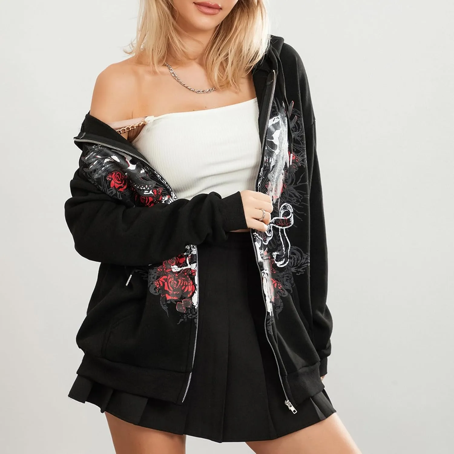 Women Zip Up Hoodie Gothic Graphic Long Sleeve Oversized Hooded Sweatshirt Hip Hop Harajuku Jackets with Pocket