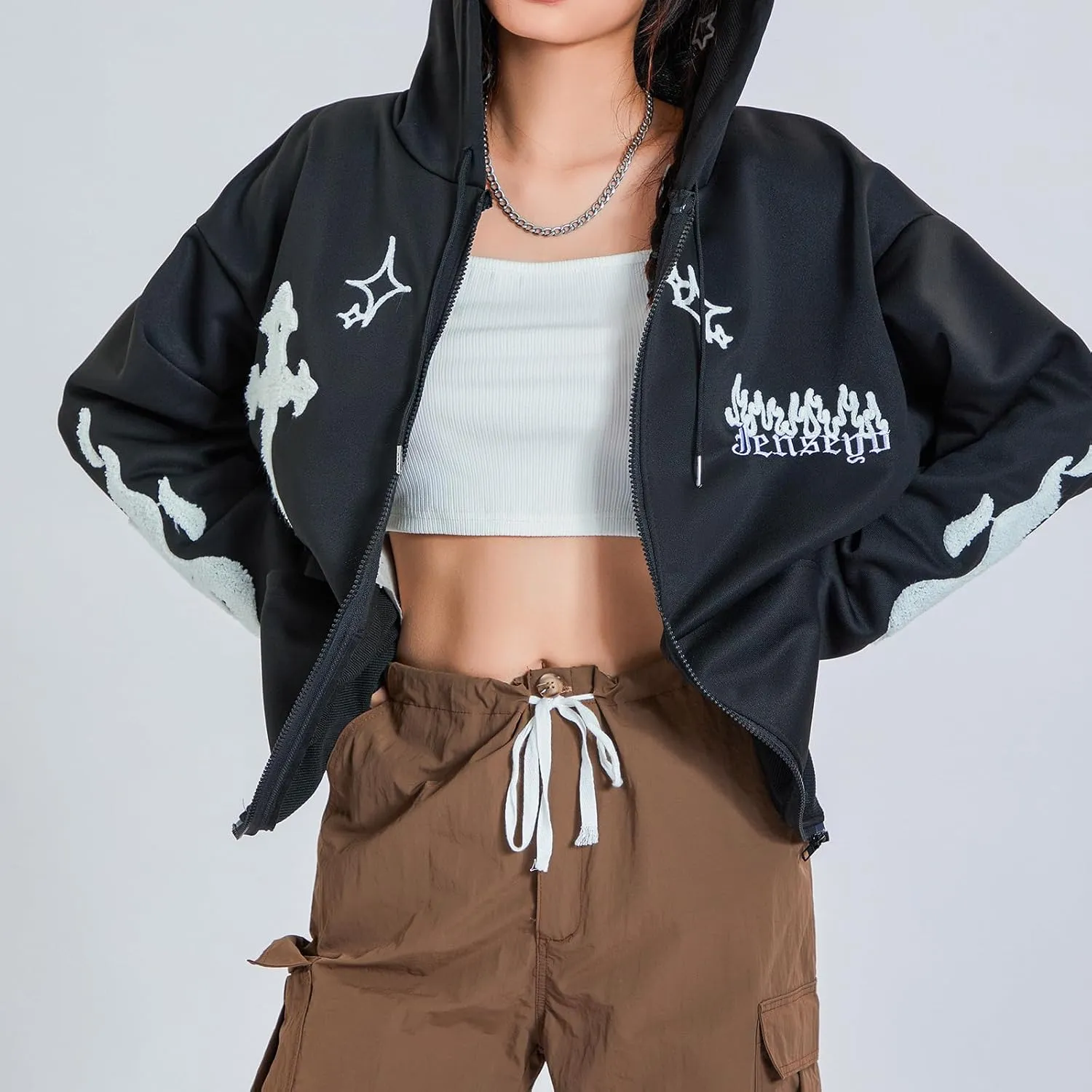 Women Zip Up Hoodie Gothic Graphic Long Sleeve Oversized Hooded Sweatshirt Hip Hop Harajuku Jackets with Pocket
