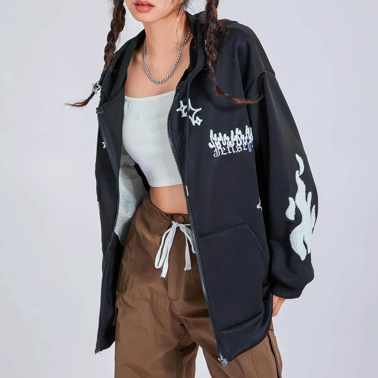 Women Zip Up Hoodie Gothic Graphic Long Sleeve Oversized Hooded Sweatshirt Hip Hop Harajuku Jackets with Pocket
