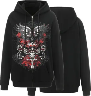 Women Zip Up Hoodie Gothic Graphic Long Sleeve Oversized Hooded Sweatshirt Hip Hop Harajuku Jackets with Pocket