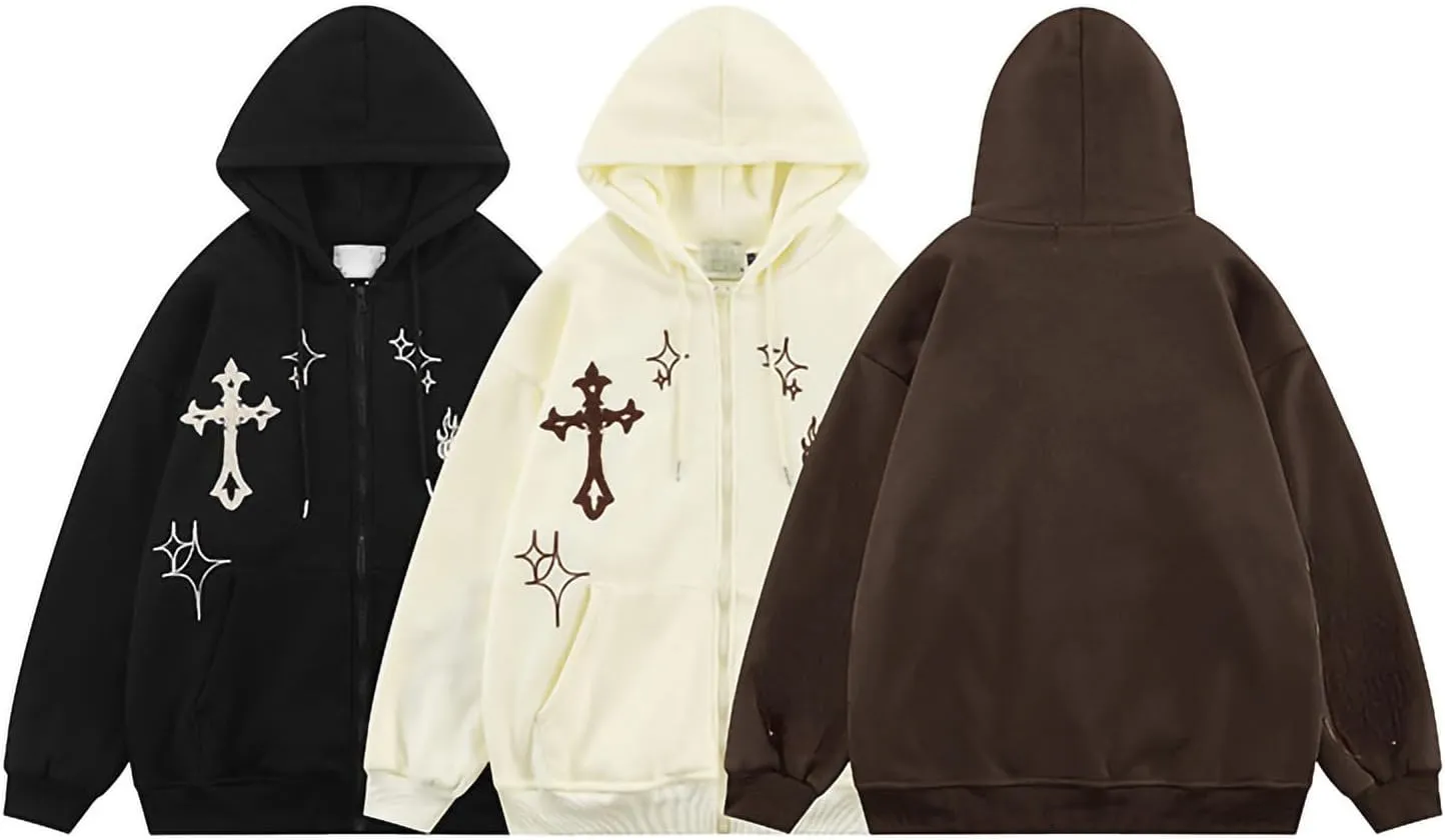 Women Zip Up Hoodie Gothic Graphic Long Sleeve Oversized Hooded Sweatshirt Hip Hop Harajuku Jackets with Pocket