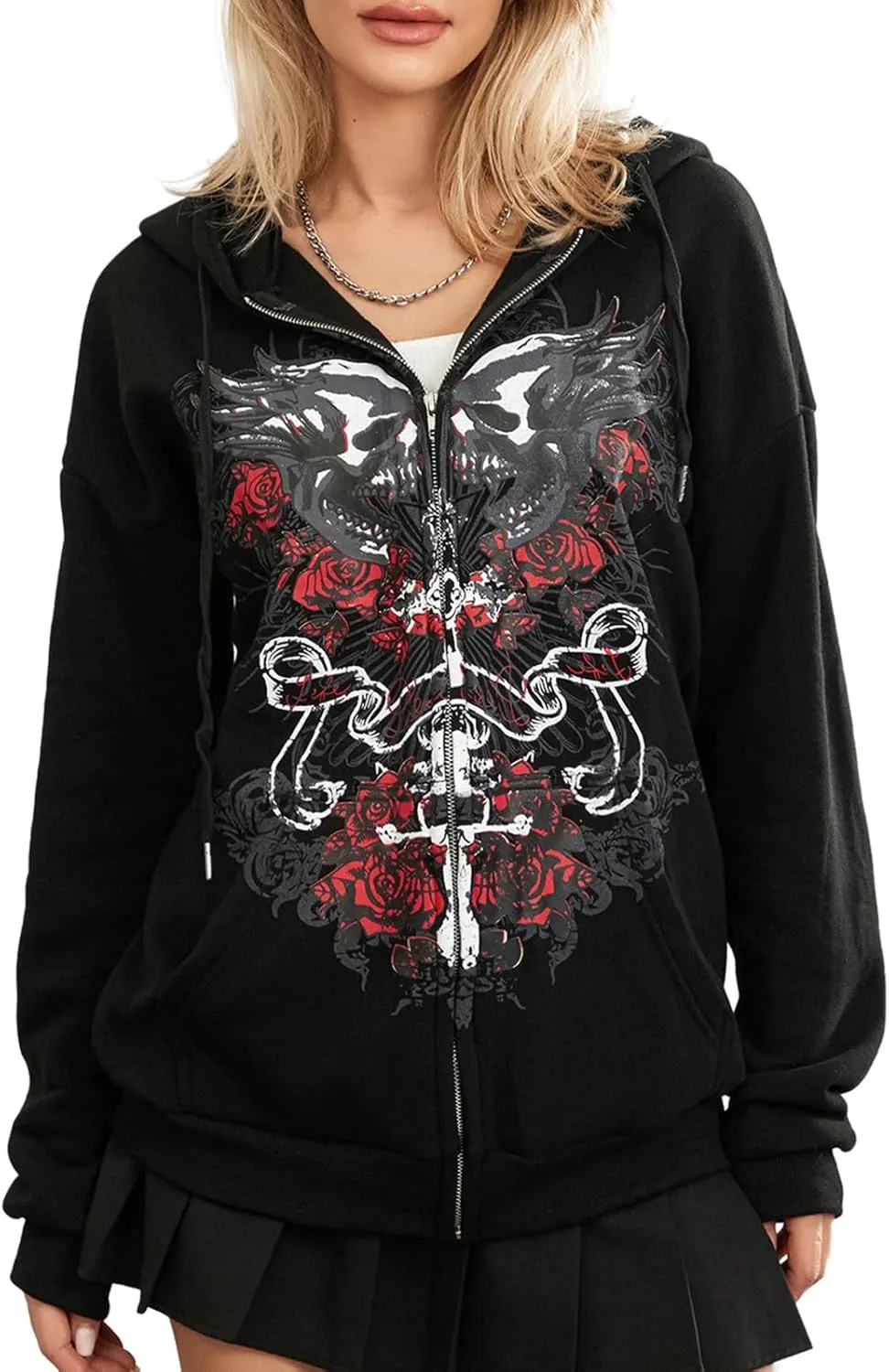 Women Zip Up Hoodie Gothic Graphic Long Sleeve Oversized Hooded Sweatshirt Hip Hop Harajuku Jackets with Pocket