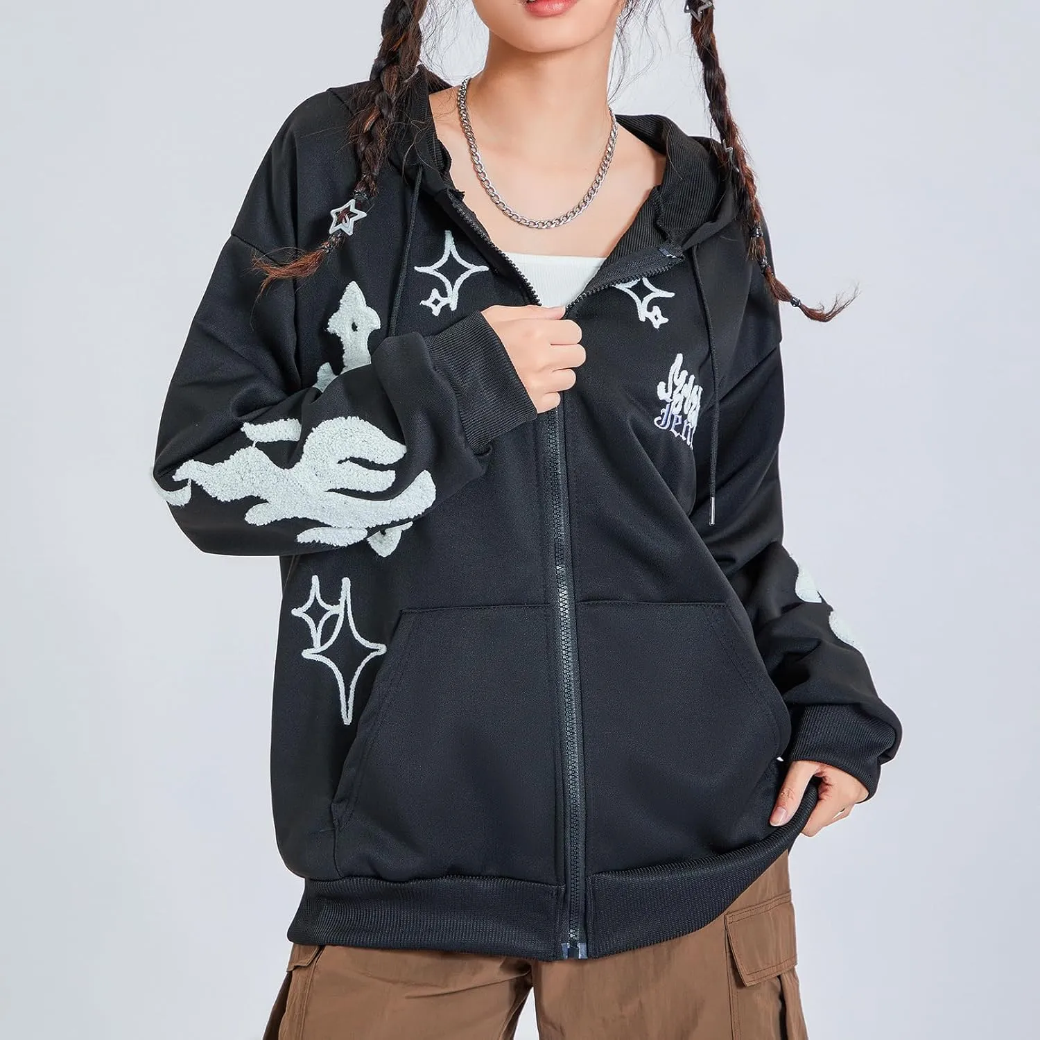 Women Zip Up Hoodie Gothic Graphic Long Sleeve Oversized Hooded Sweatshirt Hip Hop Harajuku Jackets with Pocket