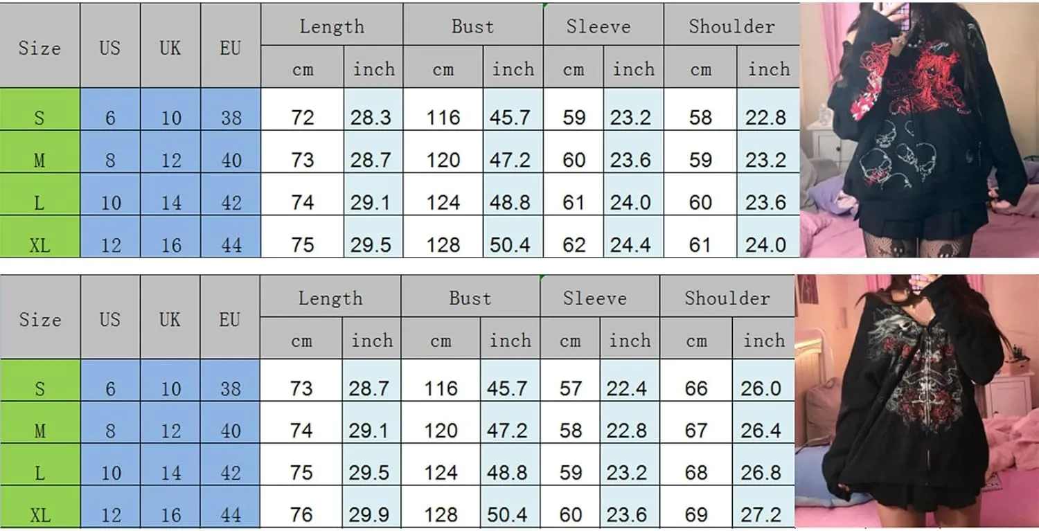 Women Zip Up Hoodie Gothic Graphic Long Sleeve Oversized Hooded Sweatshirt Hip Hop Harajuku Jackets with Pocket