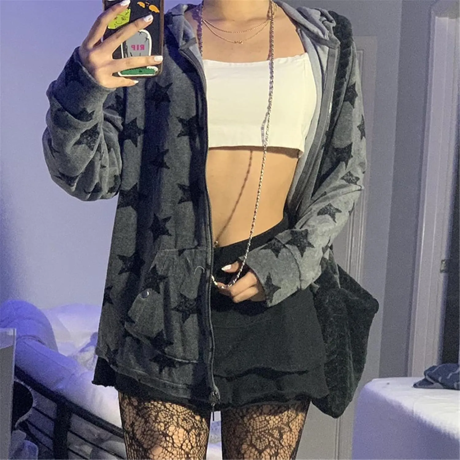 Women Zip Up Hoodie Gothic Graphic Long Sleeve Oversized Hooded Sweatshirt Hip Hop Harajuku Jackets with Pocket