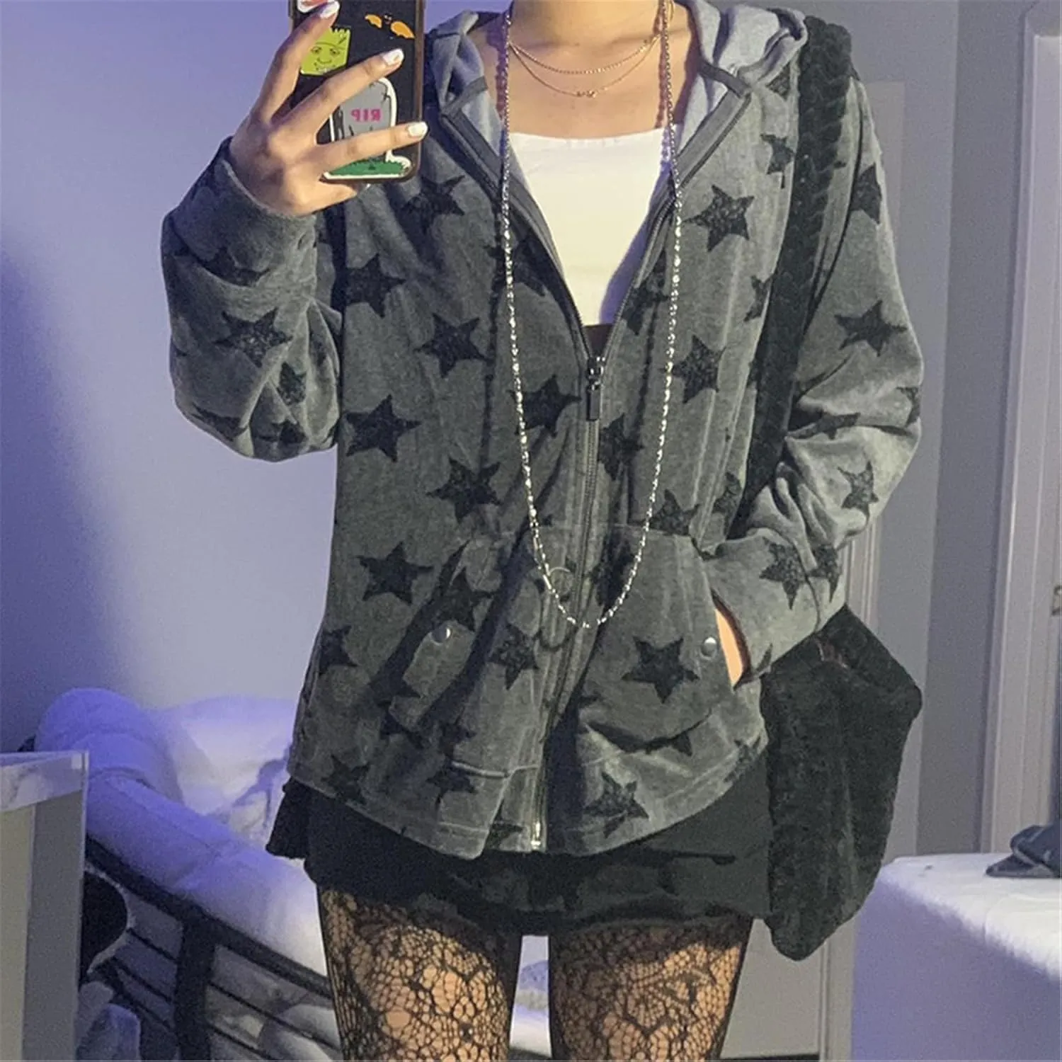Women Zip Up Hoodie Gothic Graphic Long Sleeve Oversized Hooded Sweatshirt Hip Hop Harajuku Jackets with Pocket
