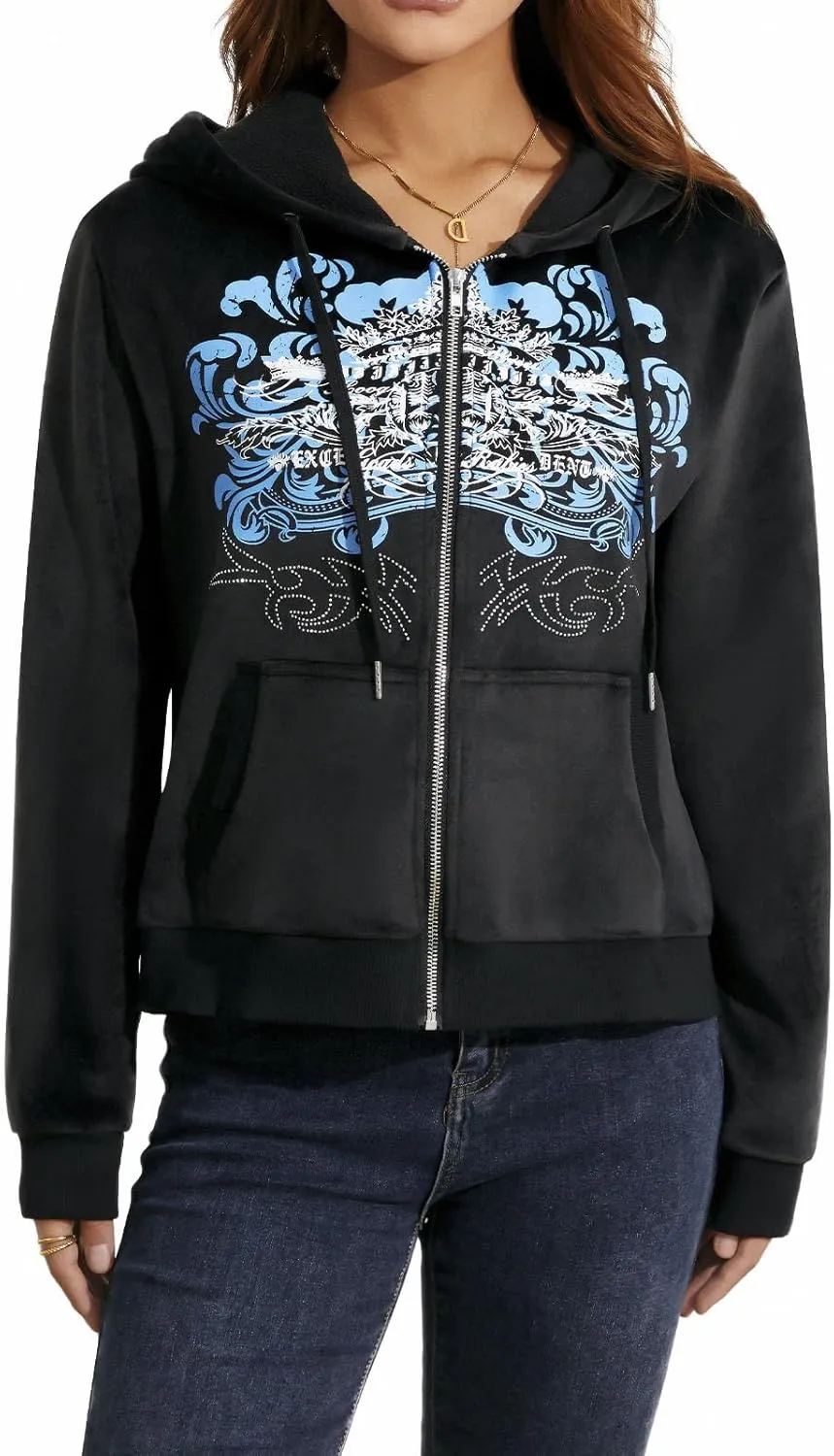 Women Zip Up Hoodie Gothic Graphic Long Sleeve Oversized Hooded Sweatshirt Hip Hop Harajuku Jackets with Pocket