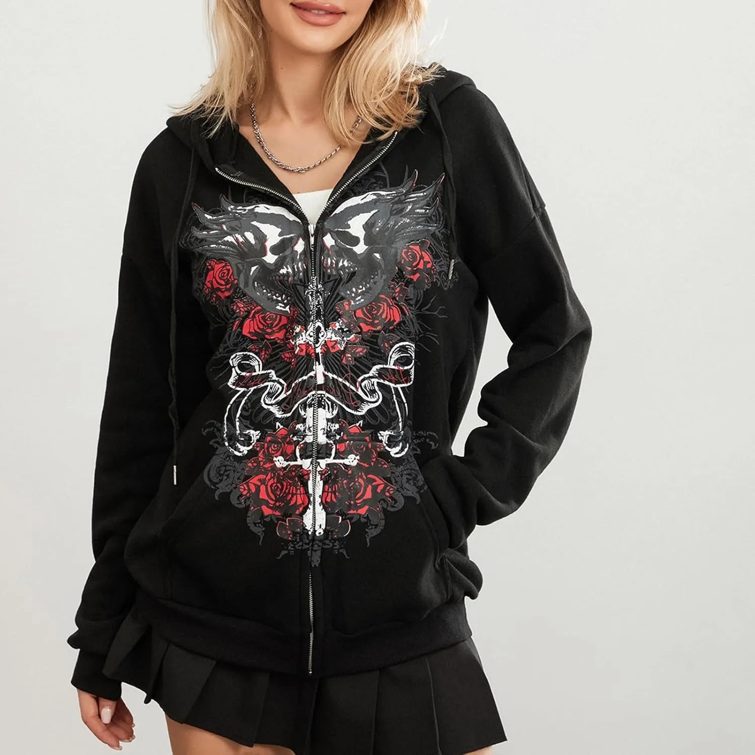 Women Zip Up Hoodie Gothic Graphic Long Sleeve Oversized Hooded Sweatshirt Hip Hop Harajuku Jackets with Pocket