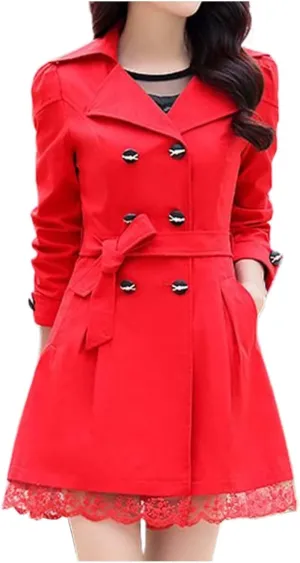 Womens 2024 Fashion Solid Lace Outwear Long Sleeve Double Breasted Overcoat Comfy Slim Trench Coat with Bowknot Belt