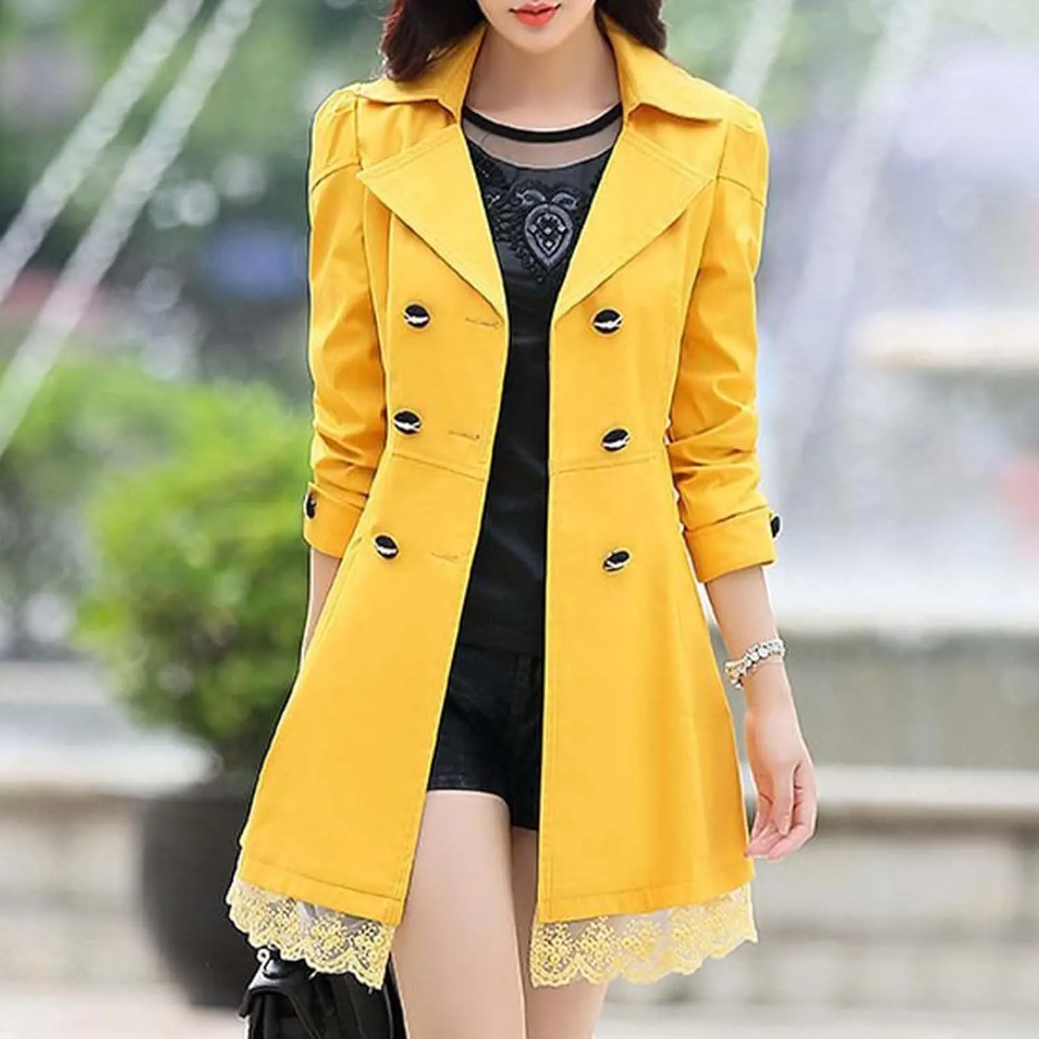 Womens 2024 Fashion Solid Lace Outwear Long Sleeve Double Breasted Overcoat Comfy Slim Trench Coat with Bowknot Belt