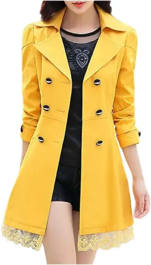 Womens 2024 Fashion Solid Lace Outwear Long Sleeve Double Breasted Overcoat Comfy Slim Trench Coat with Bowknot Belt
