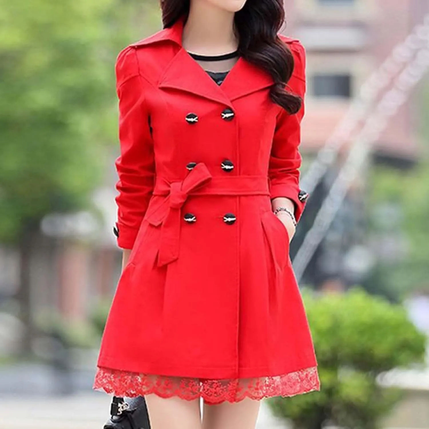 Womens 2024 Fashion Solid Lace Outwear Long Sleeve Double Breasted Overcoat Comfy Slim Trench Coat with Bowknot Belt