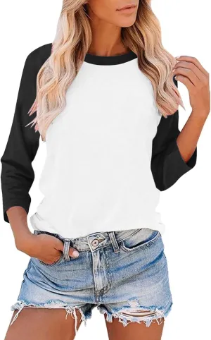 Womens Baseball Shirts 3/4 Sleeve Casual Workout T-Shirts Color Block Cute Comfy Blouses College Spring Summer Tops
