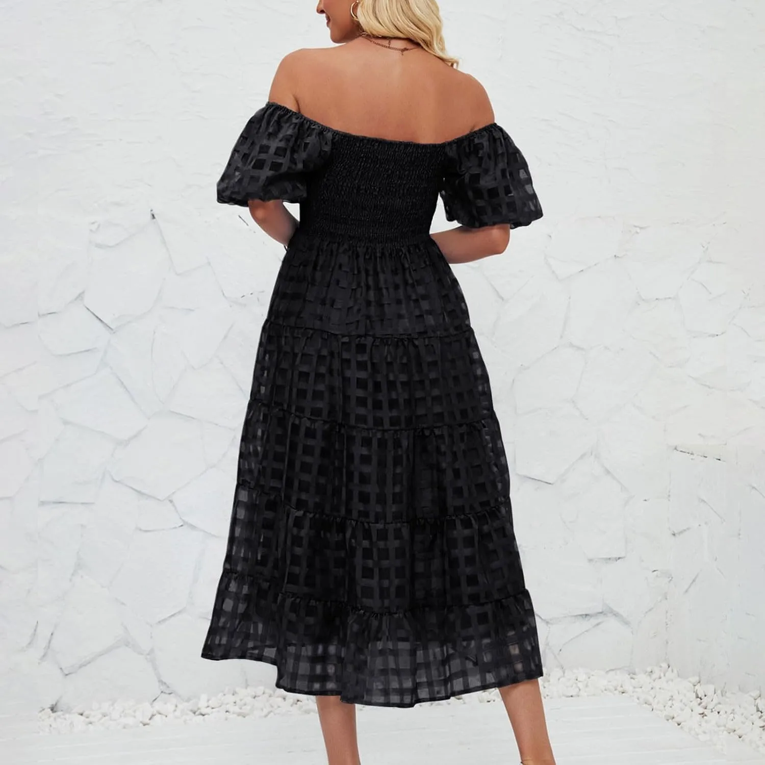 Womens Bohemian Dresses Summer Casual Off Shoulder Puff Sleeve Midi Boho Dress Tiered Ruffle Sundress Vacation Outfit