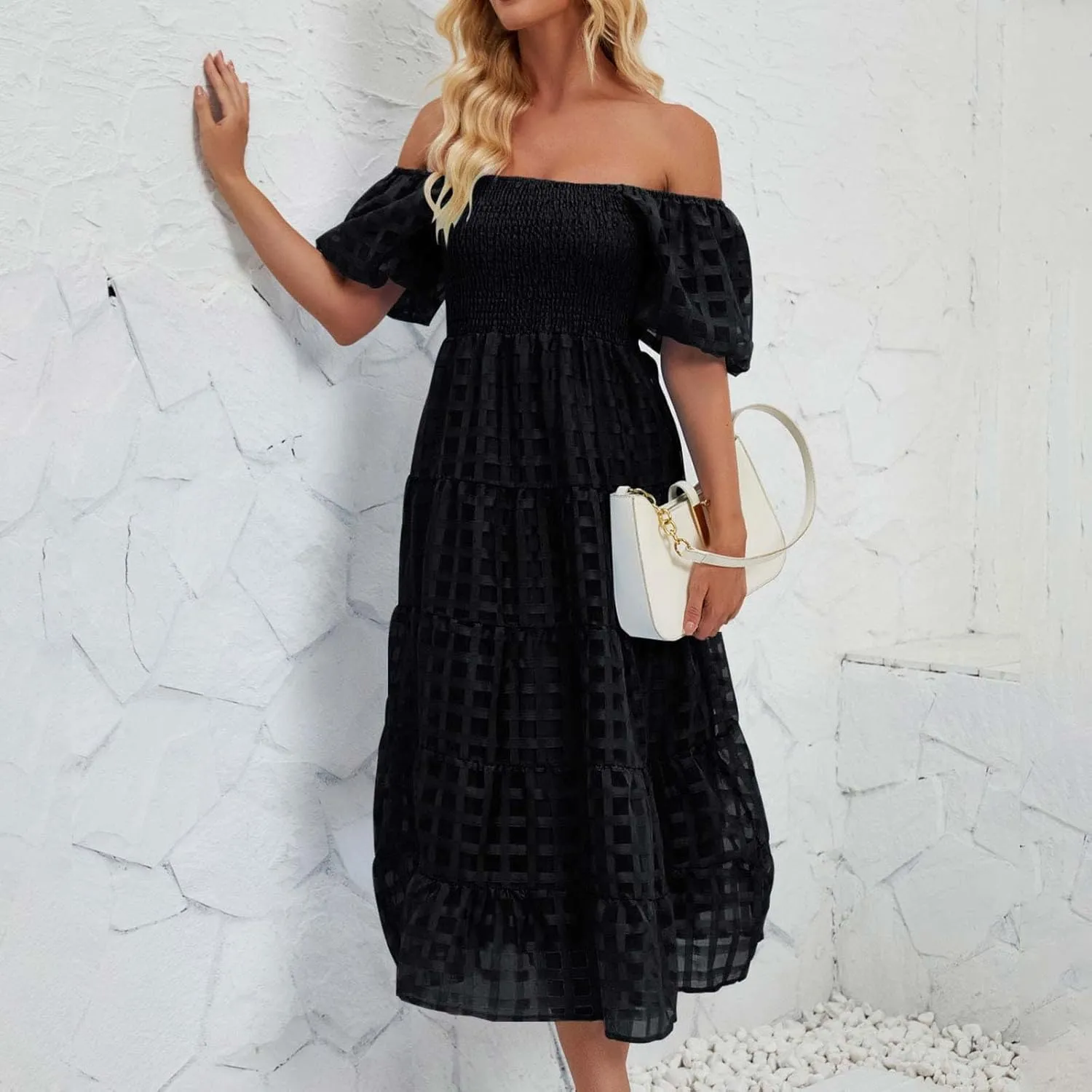 Womens Bohemian Dresses Summer Casual Off Shoulder Puff Sleeve Midi Boho Dress Tiered Ruffle Sundress Vacation Outfit