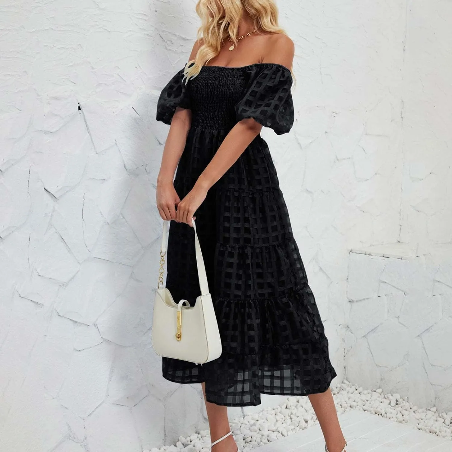 Womens Bohemian Dresses Summer Casual Off Shoulder Puff Sleeve Midi Boho Dress Tiered Ruffle Sundress Vacation Outfit