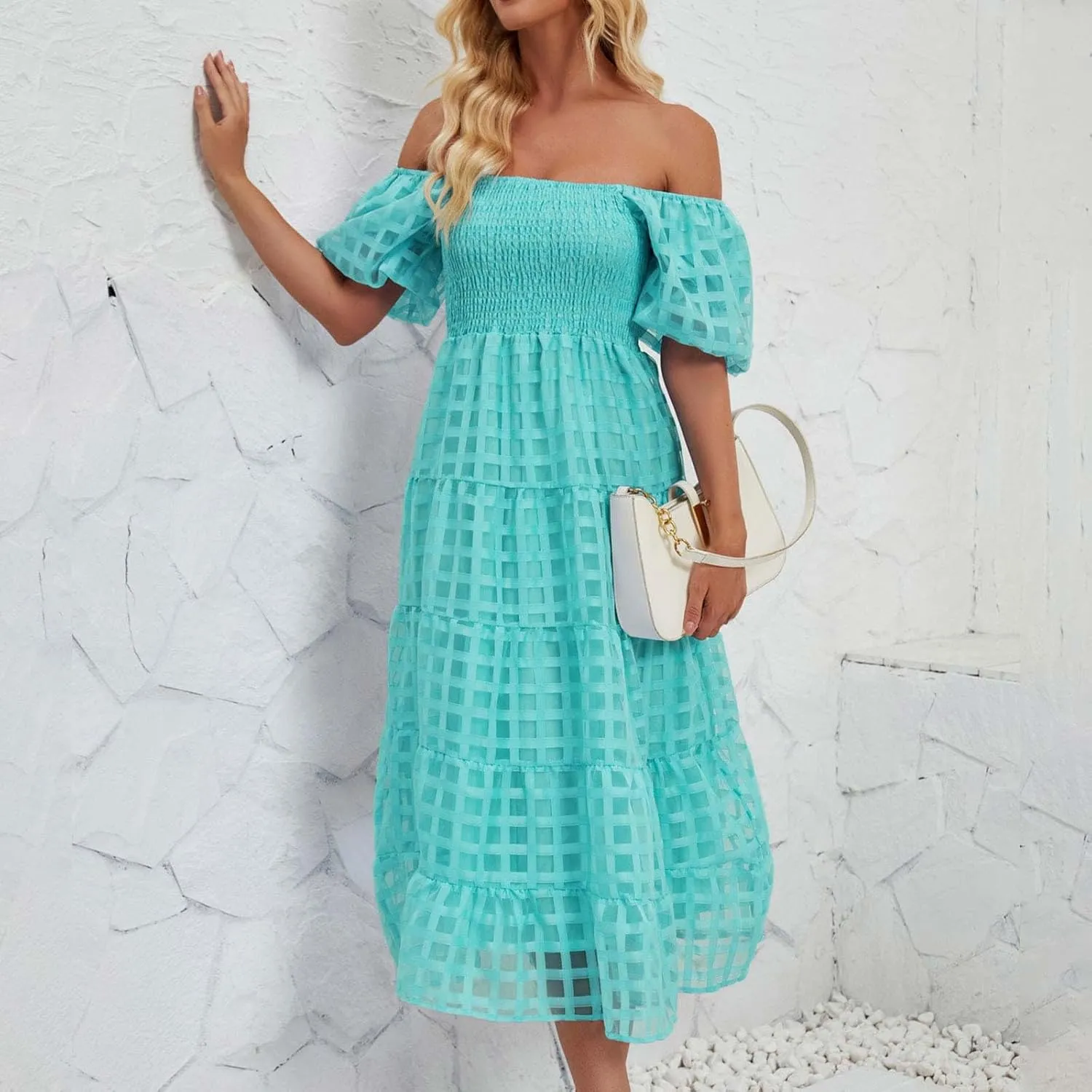 Womens Bohemian Dresses Summer Casual Off Shoulder Puff Sleeve Midi Boho Dress Tiered Ruffle Sundress Vacation Outfit