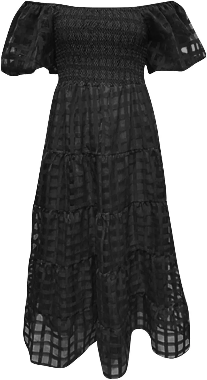 Womens Bohemian Dresses Summer Casual Off Shoulder Puff Sleeve Midi Boho Dress Tiered Ruffle Sundress Vacation Outfit