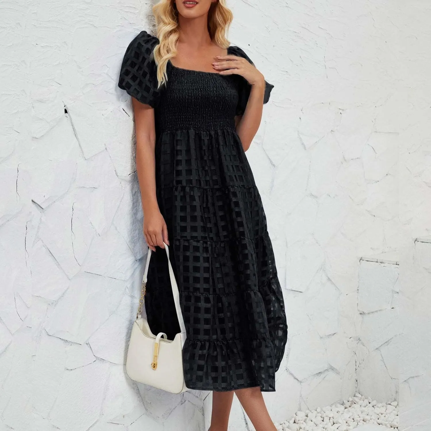 Womens Bohemian Dresses Summer Casual Off Shoulder Puff Sleeve Midi Boho Dress Tiered Ruffle Sundress Vacation Outfit