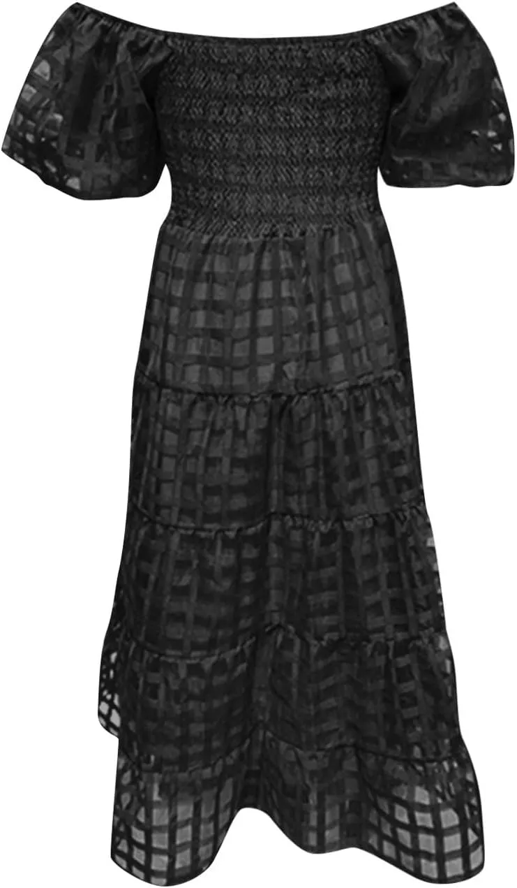 Womens Bohemian Dresses Summer Casual Off Shoulder Puff Sleeve Midi Boho Dress Tiered Ruffle Sundress Vacation Outfit