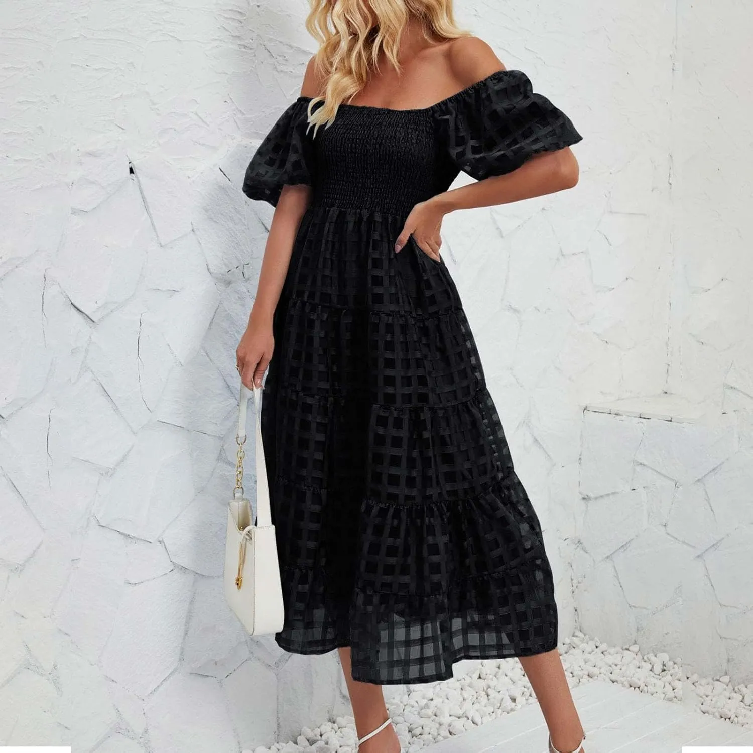 Womens Bohemian Dresses Summer Casual Off Shoulder Puff Sleeve Midi Boho Dress Tiered Ruffle Sundress Vacation Outfit