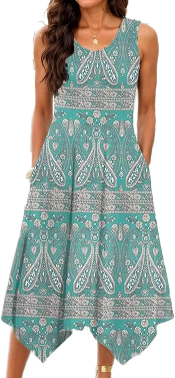 Womens Boho Floral Print Asymmetrical Hem Tank Dress Crew Neck Sleeveless Summer Beach Flowy Midi Sundress with Pockets