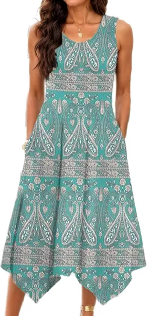Womens Boho Floral Print Asymmetrical Hem Tank Dress Crew Neck Sleeveless Summer Beach Flowy Midi Sundress with Pockets