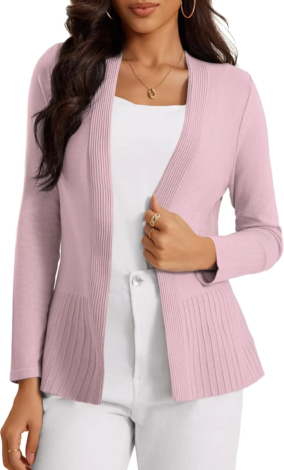 Women's Casual Open Front Sweater Long Sleeve Rib Knit Draped Cardigan