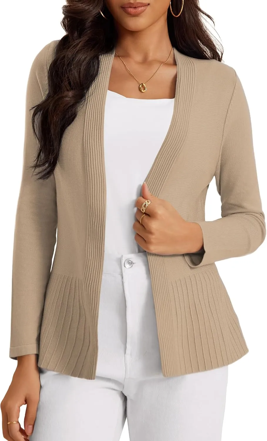 Women's Casual Open Front Sweater Long Sleeve Rib Knit Draped Cardigan
