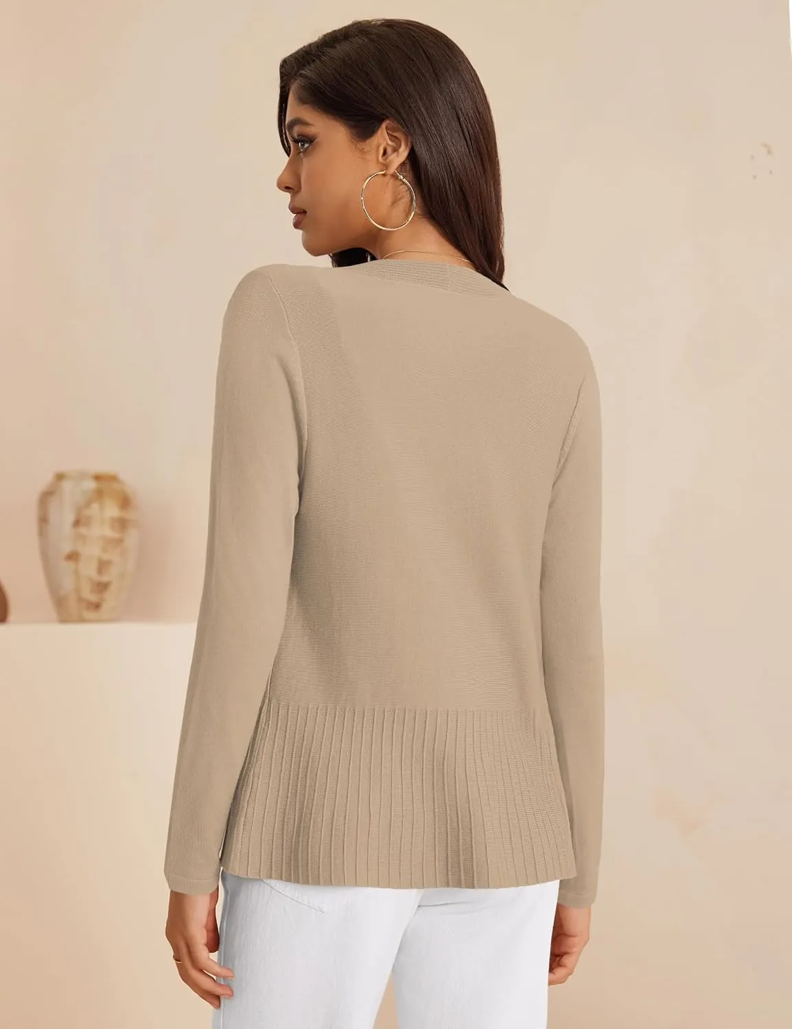 Women's Casual Open Front Sweater Long Sleeve Rib Knit Draped Cardigan