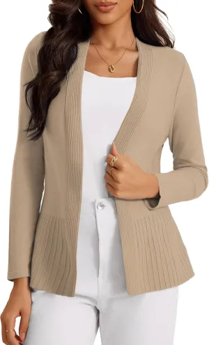 Women's Casual Open Front Sweater Long Sleeve Rib Knit Draped Cardigan