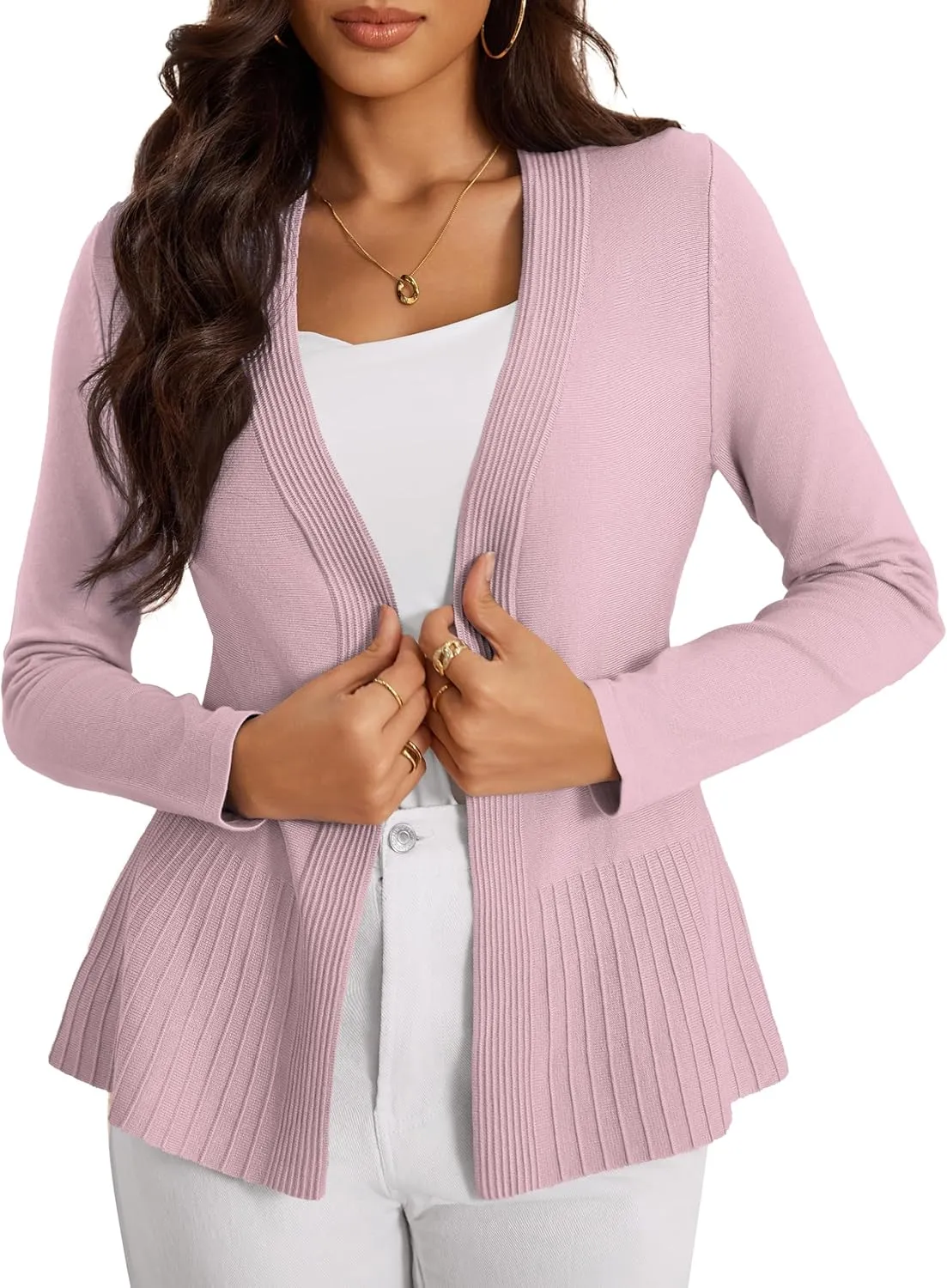 Women's Casual Open Front Sweater Long Sleeve Rib Knit Draped Cardigan