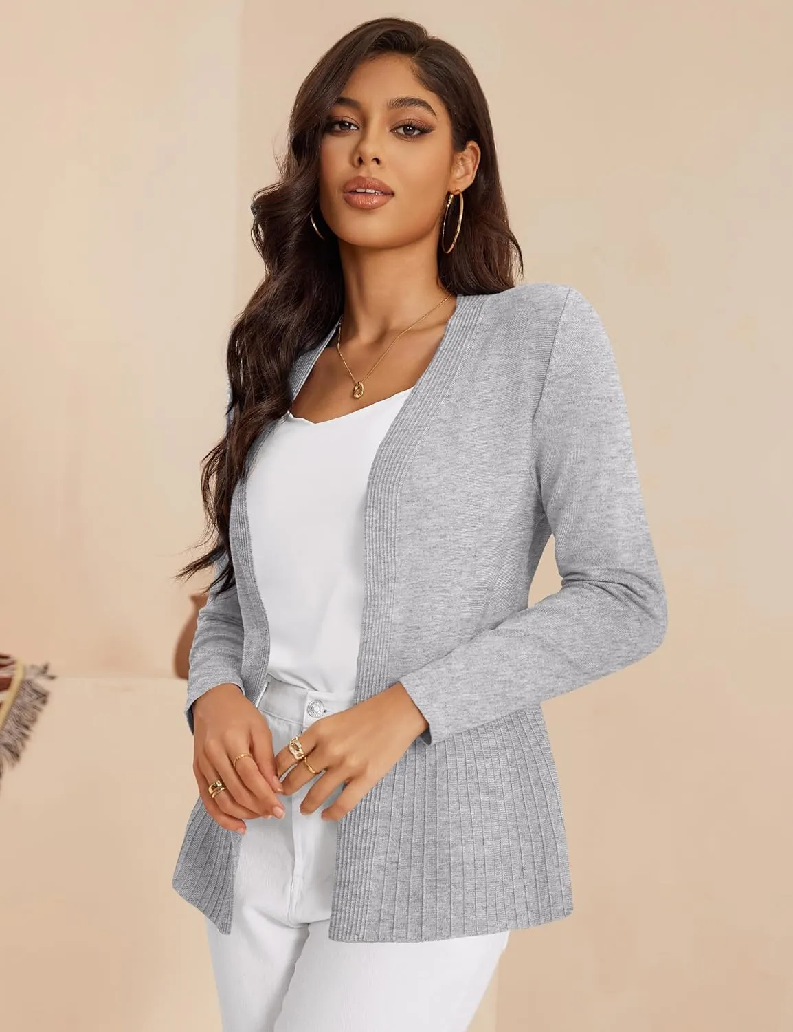Women's Casual Open Front Sweater Long Sleeve Rib Knit Draped Cardigan