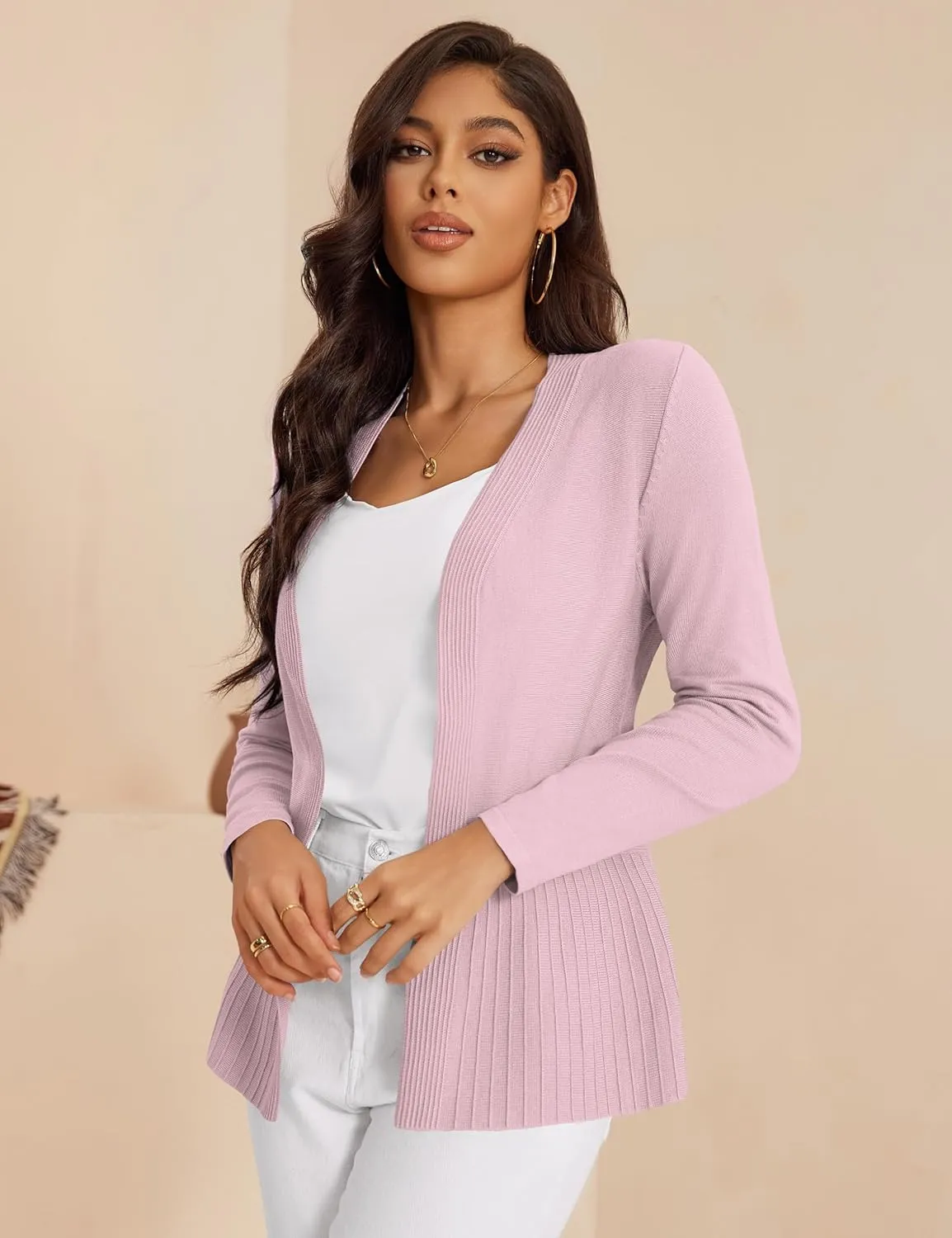 Women's Casual Open Front Sweater Long Sleeve Rib Knit Draped Cardigan