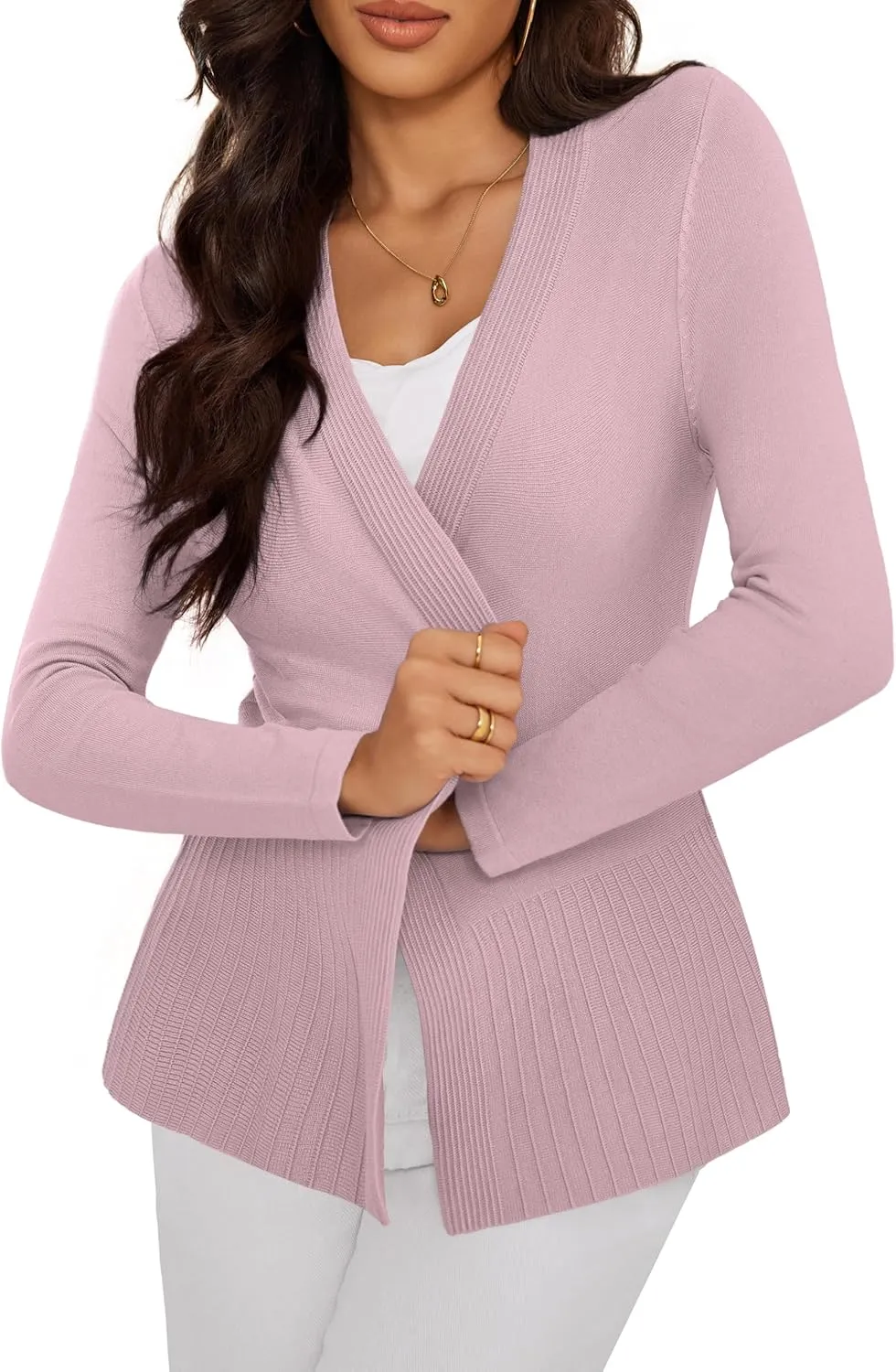 Women's Casual Open Front Sweater Long Sleeve Rib Knit Draped Cardigan