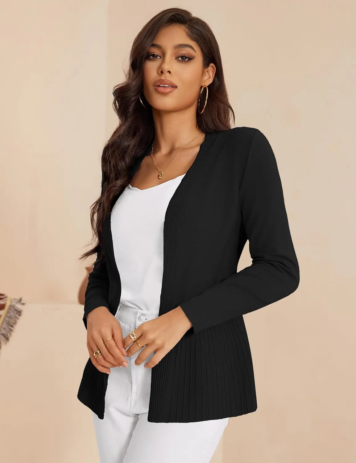 Women's Casual Open Front Sweater Long Sleeve Rib Knit Draped Cardigan