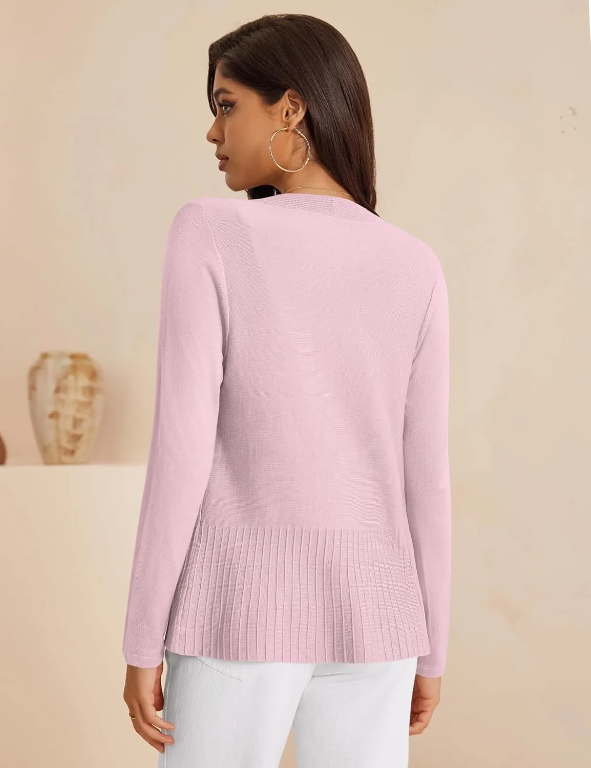 Women's Casual Open Front Sweater Long Sleeve Rib Knit Draped Cardigan