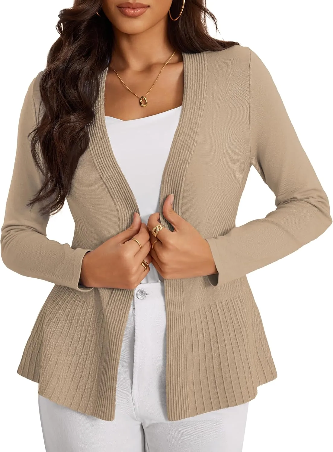 Women's Casual Open Front Sweater Long Sleeve Rib Knit Draped Cardigan