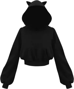 Womens Cat Ear Hoodie Sweatshirt Long Sleeve Sweater Oversized Off Shoulder Cute Funny Crop Top Hoodies Pullover