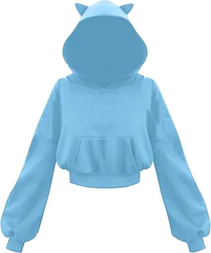 Womens Cat Ear Hoodie Sweatshirt Long Sleeve Sweater Oversized Off Shoulder Cute Funny Crop Top Hoodies Pullover